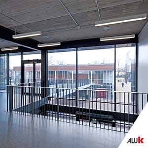Image of the interior of the building facing towards the curtain wall